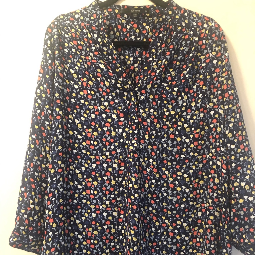 Blue with Tulips 3/4 Sleeve 1/2 Button Down Blouse